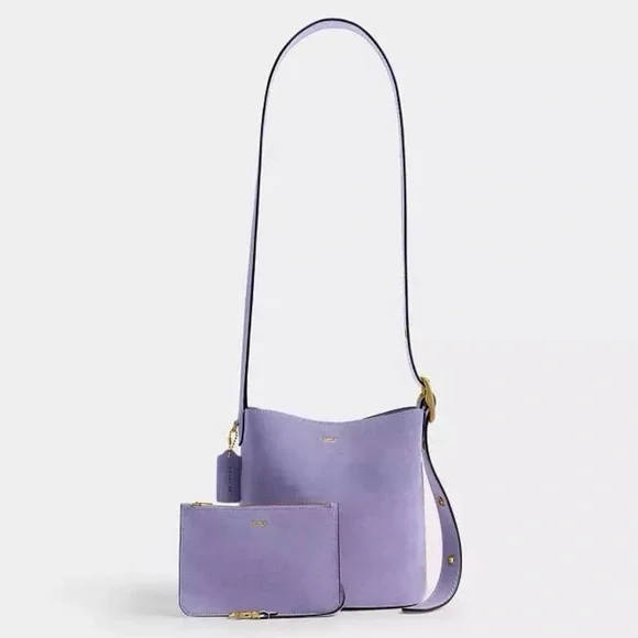Coach Bleecker Bucket Bag 21 & Pouch in Brass/Violet Mist Purple Suede NWT